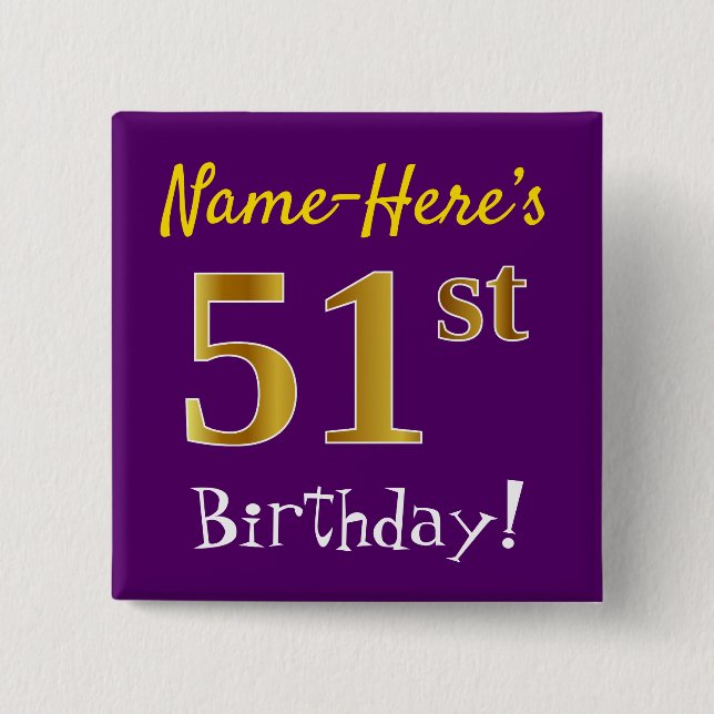 Badge Carré 5 Cm Violet, Or Faux 51e Anniversaire, Avec Nom Personn (Devant)