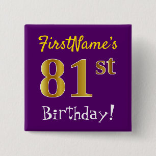 Badge Carré 5 Cm Violet, Or Faux 81e Anniversaire, Avec Nom Personn