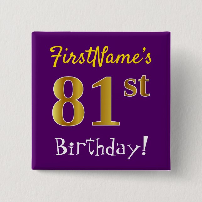 Badge Carré 5 Cm Violet, Or Faux 81e Anniversaire, Avec Nom Personn (Devant)