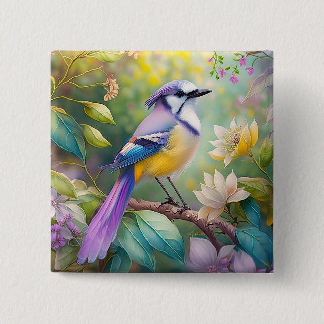 Badge Carré 5 Cm Violet Tufted Jay Imaginaire Bird (Devant)