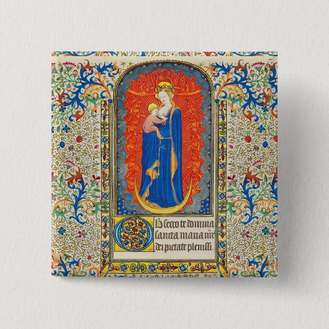 Badge Carré 5 Cm VIRGIN AVEC ENFANT ET ANGELS Antique Fleurs (Devant)