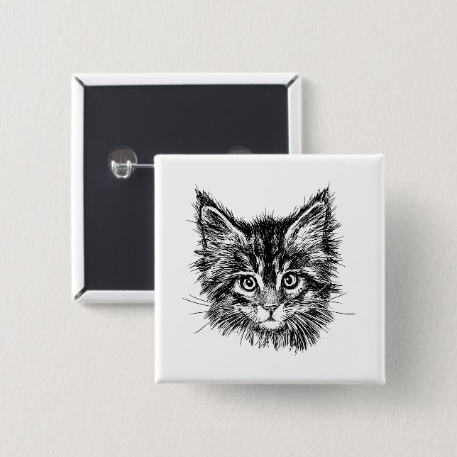 Badge Carré 5 Cm Visage de Kitten noir et blanc (Devant & derrière)