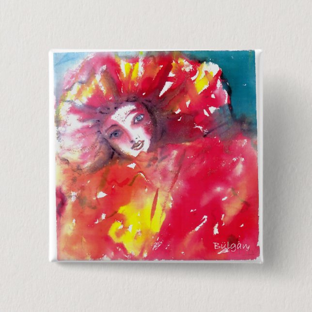 BADGE CARRÉ 5 CM VISAGES DE MASQUÉRADE VÉNÉTIENNE - MASQUE EN ROUGE (Devant)