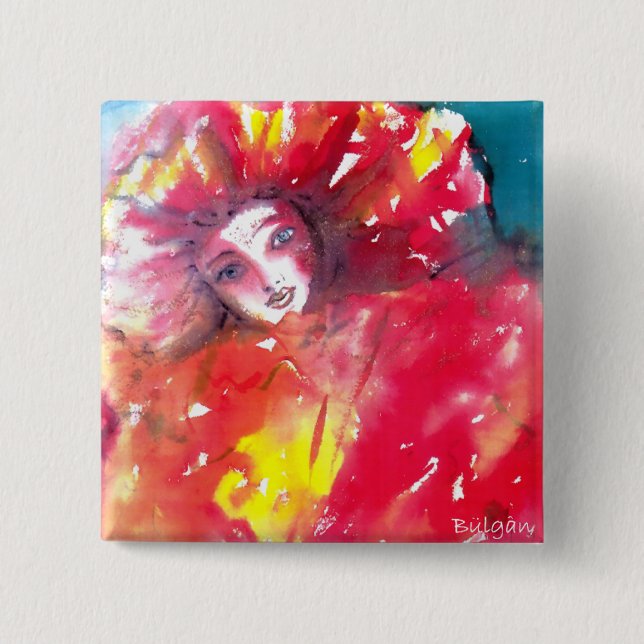 BADGE CARRÉ 5 CM VISAGES DE MASQUÉRADE VÉNÉTIENNE - MASQUE EN ROUGE (Devant)