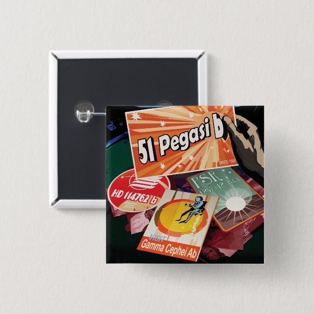Badge Carré 5 Cm Visitez la première exoplanète découverte en dehor (Devant & derrière)