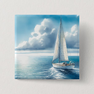 Badge Carré 5 Cm Voilier Solitaire à l'Horizon Bleu