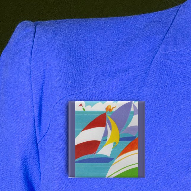 Badge Carré 5 Cm Voiliers colorés (Abstract sailboats bright colours blue lake clouds on square pin back button.)