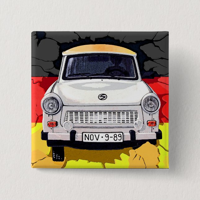 Badge Carré 5 Cm Voiture de Trabant et drapeau allemand, mur de (Devant)