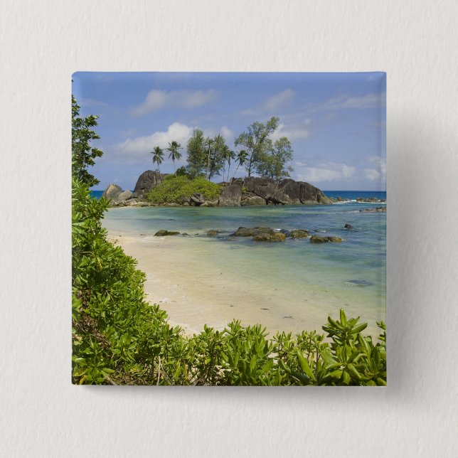Badge Carré 5 Cm Vue côtière sur l'île de Mahe (Devant)