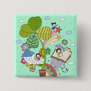 Badge Carré 5 Cm Vue de côté des enfants étudiant par le plante
