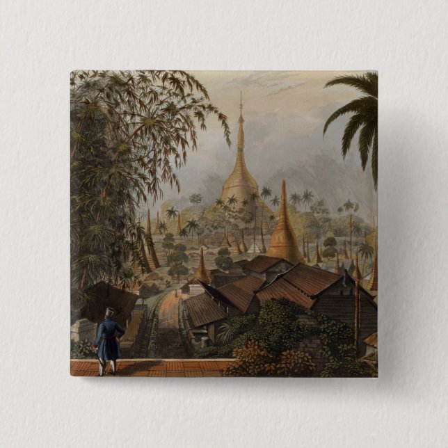 Badge Carré 5 Cm Vue de la grande pagoda de Dagon et du Scener (Devant)