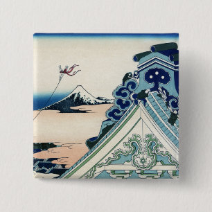 Badge Carré 5 Cm Vue du temple Honganji sur le mont Fuji Gravure su