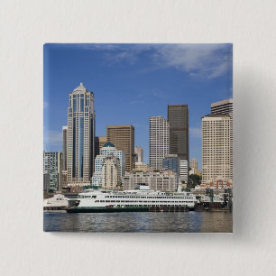 Badge Carré 5 Cm WA, Seattle, ligne d'horizon de Seattle avec batea