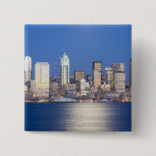 Badge Carré 5 Cm WA, Seattle, ligne d'horizon de Seattle et baie d'