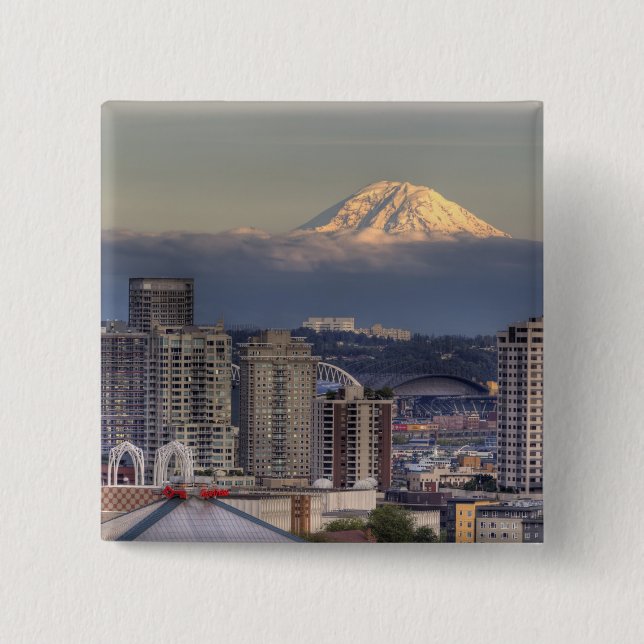 Badge Carré 5 Cm WA, Seattle, Mount Rainier de Kerry Park (Devant)