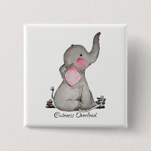 Badge Carré 5 Cm Watercolor Cute Baby Elephant With Blush & Flowers