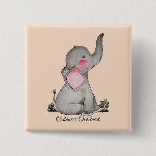 Badge Carré 5 Cm Watercolor Cute Baby Elephant With Blush & Flowers