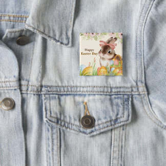 Badge Carré 5 Cm Watercolor Happy Easter Day Floral Bunny with Bow