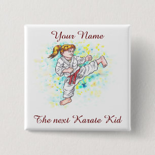 Badge Carré 5 Cm Watercolor Karate Enfants high kicking girl