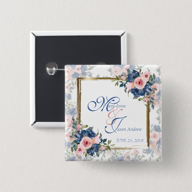 Badge Carré 5 Cm Watercolor Navy & Blush Wedding (Devant & derrière)