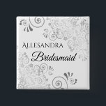 Badge Carré 5 Cm Wedding Bridesmaid Name Tag Fancy Silver Filigree<br><div class="desc">Identify the key players at your bridal shower, wedding or rehearsal dinner with our elegant, Silver faux foil buttons. Designed to coordinate with our Silver Foil Wedding Suite, this button features a Silver faux foil flourish on a white background with black text reading Bridesmaid and a place to enter her...</div>