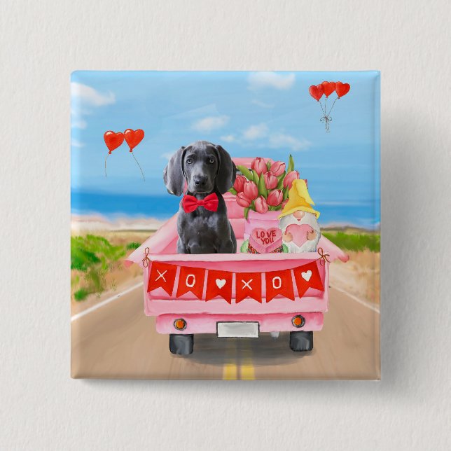 Badge Carré 5 Cm Weimaraner Chien Valentine's Day Coeurs de camion (Devant)