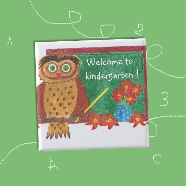 Badge Carré 5 Cm Welcome to kindergarten ! (Welcome to kindergarten owl button .)