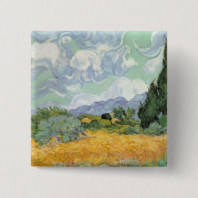Badge Carré 5 Cm Wheatfield de Vincent van Gogh | avec des cyprès, (Devant)