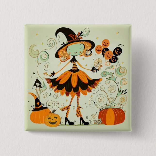 Badge Carré 5 Cm whimsical/sorcière/citrouille/chute (Devant)