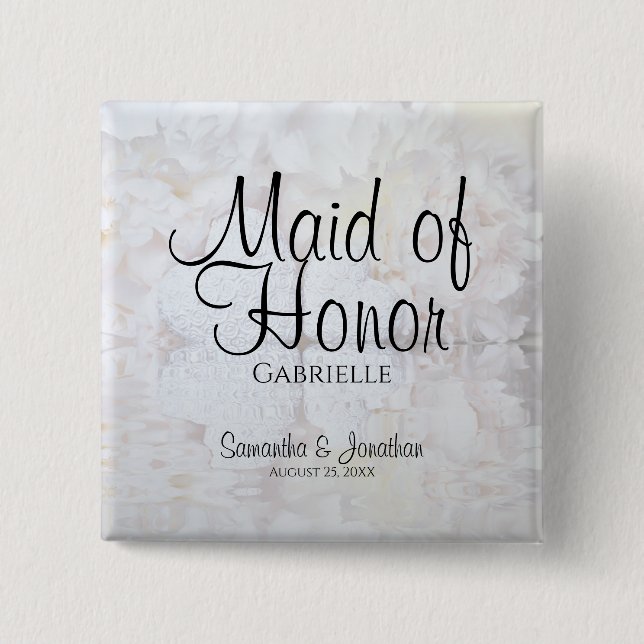 Badge Carré 5 Cm White Peonies & Hearts Wedding Maid of Honor Name (Devant)