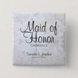 Badge Carré 5 Cm White Peonies & Hearts Wedding Maid of Honor Name<br><div class="desc">This beautiful name tag button is perfect for identifying key members of the wedding party at the bridal shower, rehearsal dinner, or wedding reception. It features modern black script lettering over a background of reflecting white peony flowers and hearts. The text is fully customizable and reads: Maid of Honor, with...</div>