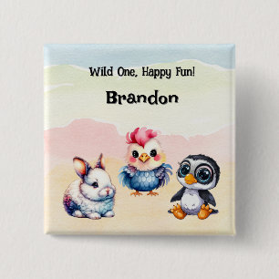 Badge Carré 5 Cm Wild One Happy Fun Woodland Animaux Aquarelle