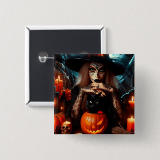 Badge Carré 5 Cm Witch black cat candles Halloween