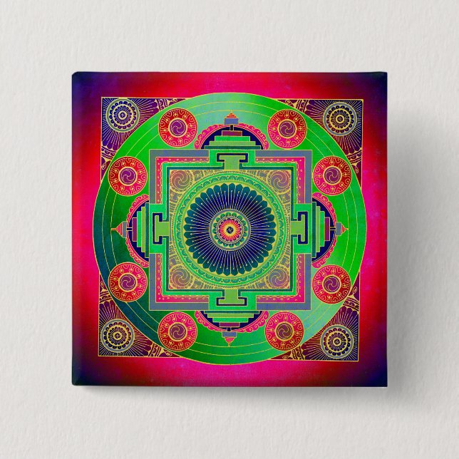 Badge Carré 5 Cm YANTRA - grande roue - vert rose (Devant)