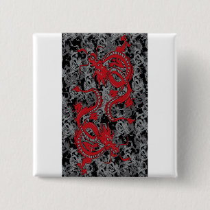 Badge Carré 5 Cm Ying Yang Dragon oin rouge - Nouvel An chinois