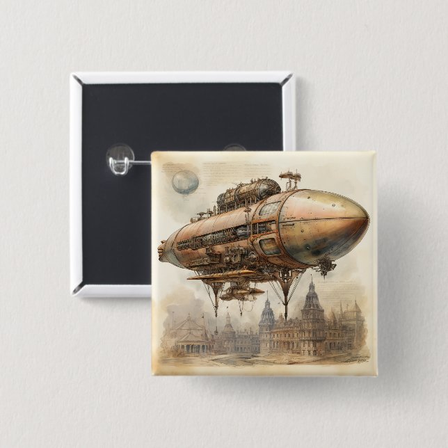 Badge Carré 5 Cm Zeppelin Steampunk vintage (12) (Devant & derrière)