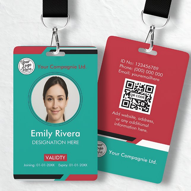 Badge Carte d'accès professionnelle sarcelle et rouge av (Teal & Red Business Access Card with Company Logo Badge)