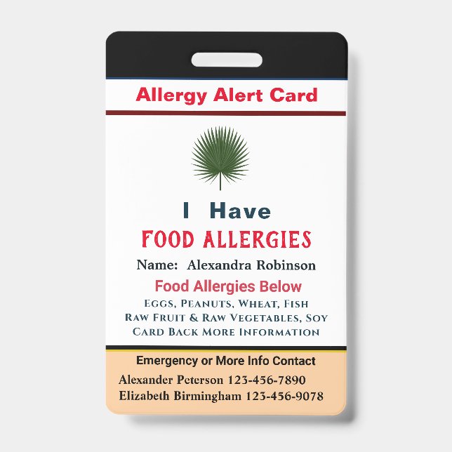 Badge Carte d'alerte Allergies d'identification personna (Face)
