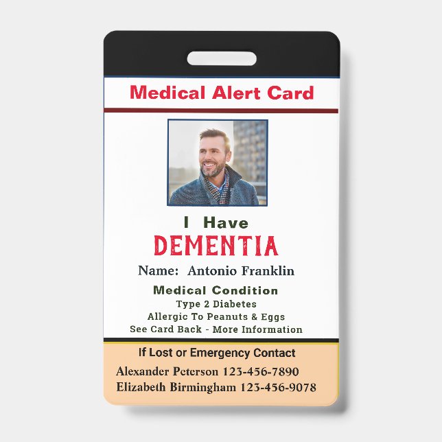 Badge Carte d'alerte médicale pour enfant adulte avec ph (Avant)