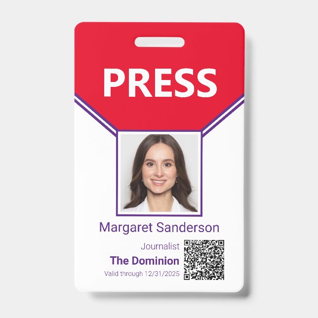Badge Carte de presse avec photo et code QR (Avant)