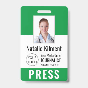 Badge Carte de presse journaliste photo nom logo ID vert