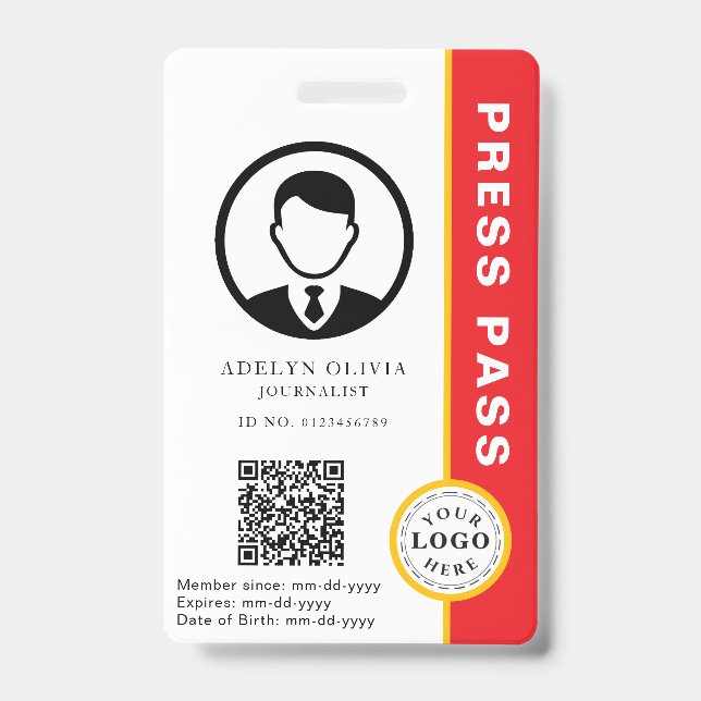Badge Carte de presse personnalisable avec photo d'ident (Avant)
