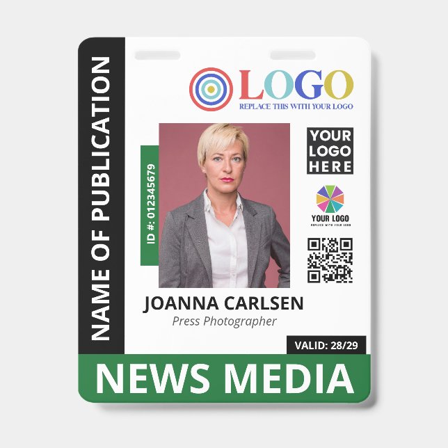 Badge Carte de presse QR Code Logo & 3 Photo Verte (Avant)