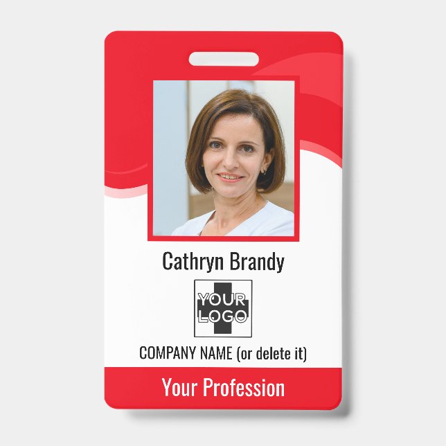 Badge Carte d'employé personnalisée rouge, photo, code-b (Avant)