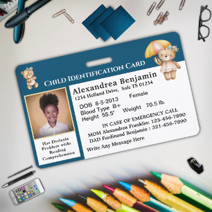 Badge Carte d'Identification d'Urgence de Photo d'Enfant
