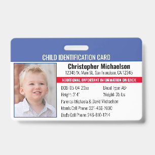 Badge Carte d'identification d'urgence pour enfant avec
