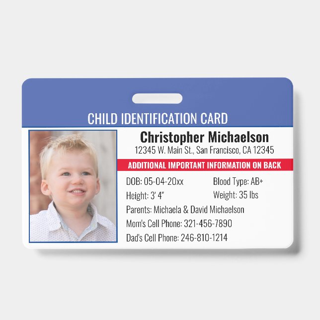 Badge Carte d'identification d'urgence pour enfant avec  (Avant)