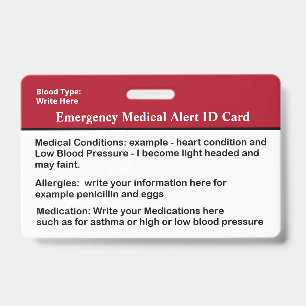 Badge Carte d'identité d'alerte Médicale d'urgence per