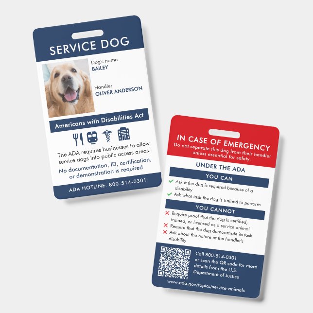 Badge Carte d'identité de chien d'assistance ADA Exigenc (Avant & arrière)