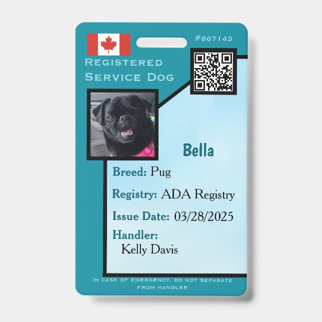 Badge Carte d'identité de chien de service sarcelle vert (Avant)